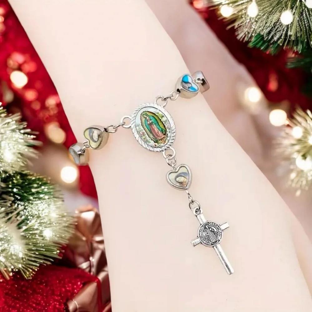 Lovely Heart Shaped Cross Pendant Rosary Bracelet, Virgin Charm Silver Plated‎